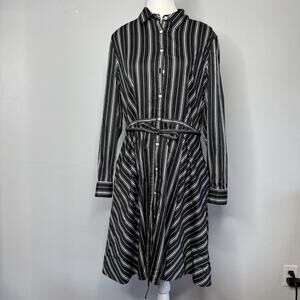 UNTUCKit Willow Black White Striped Shirt Dress Women’s 14 Belted Button Front